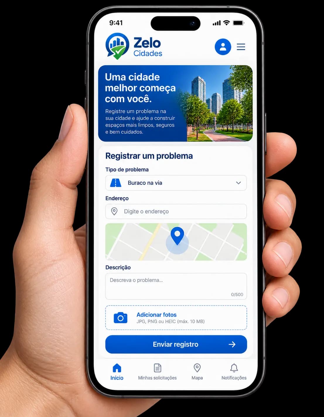 Aplicativo Zelo Cidades exibido em um celular